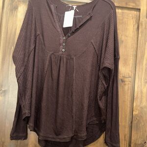 E419 Free People Sz S Top Waffle Knit Thermal  Brown Loose